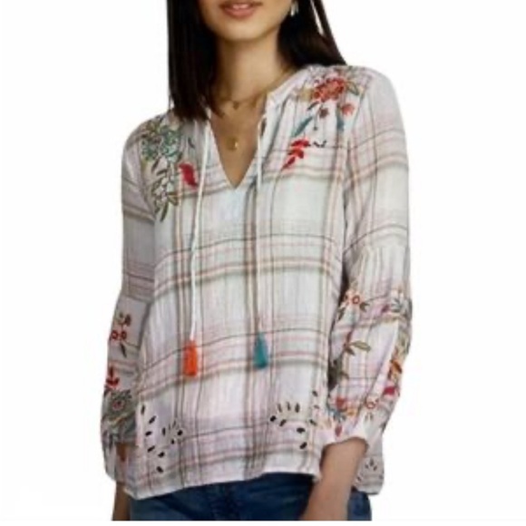 Johnny Was Workshop Embroidered Floral Gauze Top Small Plaid